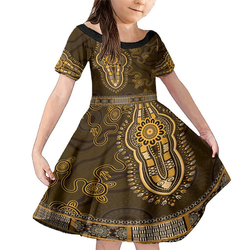 Gold African Dashiki With Australia Aboriginal Art Family Matching Mermaid Dress and Hawaiian Shirt