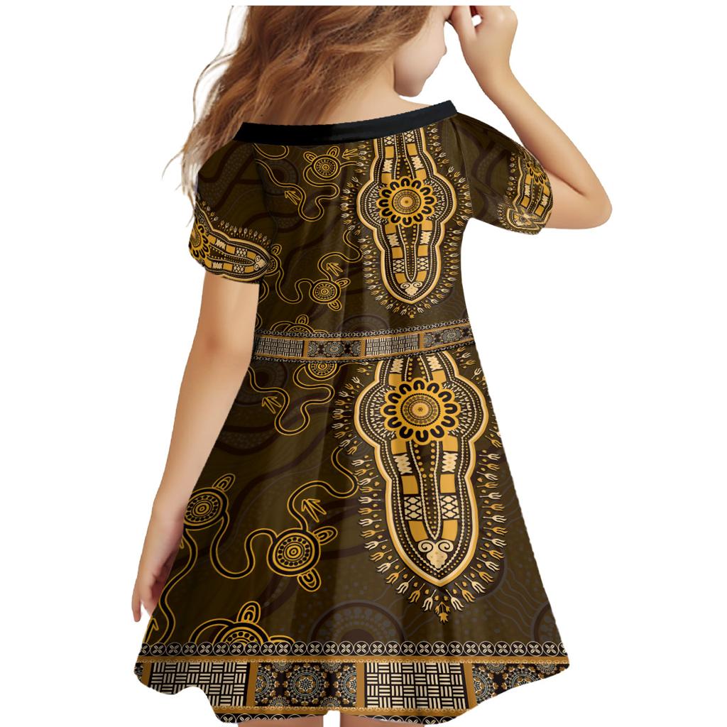 Gold African Dashiki With Australia Aboriginal Art Family Matching Mermaid Dress and Hawaiian Shirt