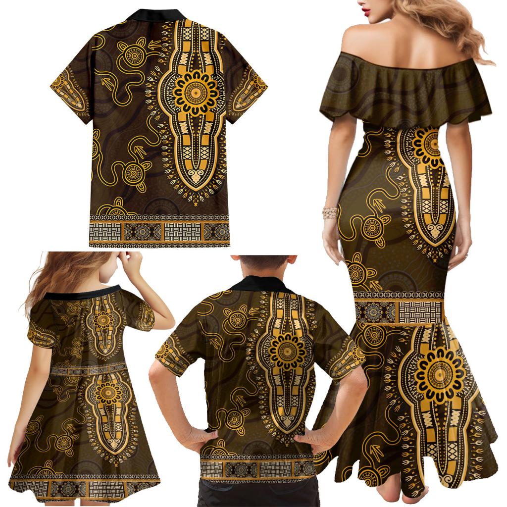 Gold African Dashiki With Australia Aboriginal Art Family Matching Mermaid Dress and Hawaiian Shirt