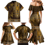 Gold African Dashiki With Australia Aboriginal Art Family Matching Mermaid Dress and Hawaiian Shirt
