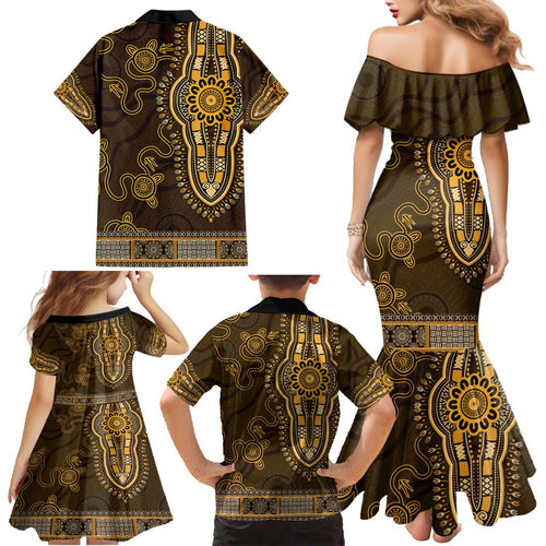 Gold African Dashiki With Australia Aboriginal Art Family Matching Mermaid Dress and Hawaiian Shirt
