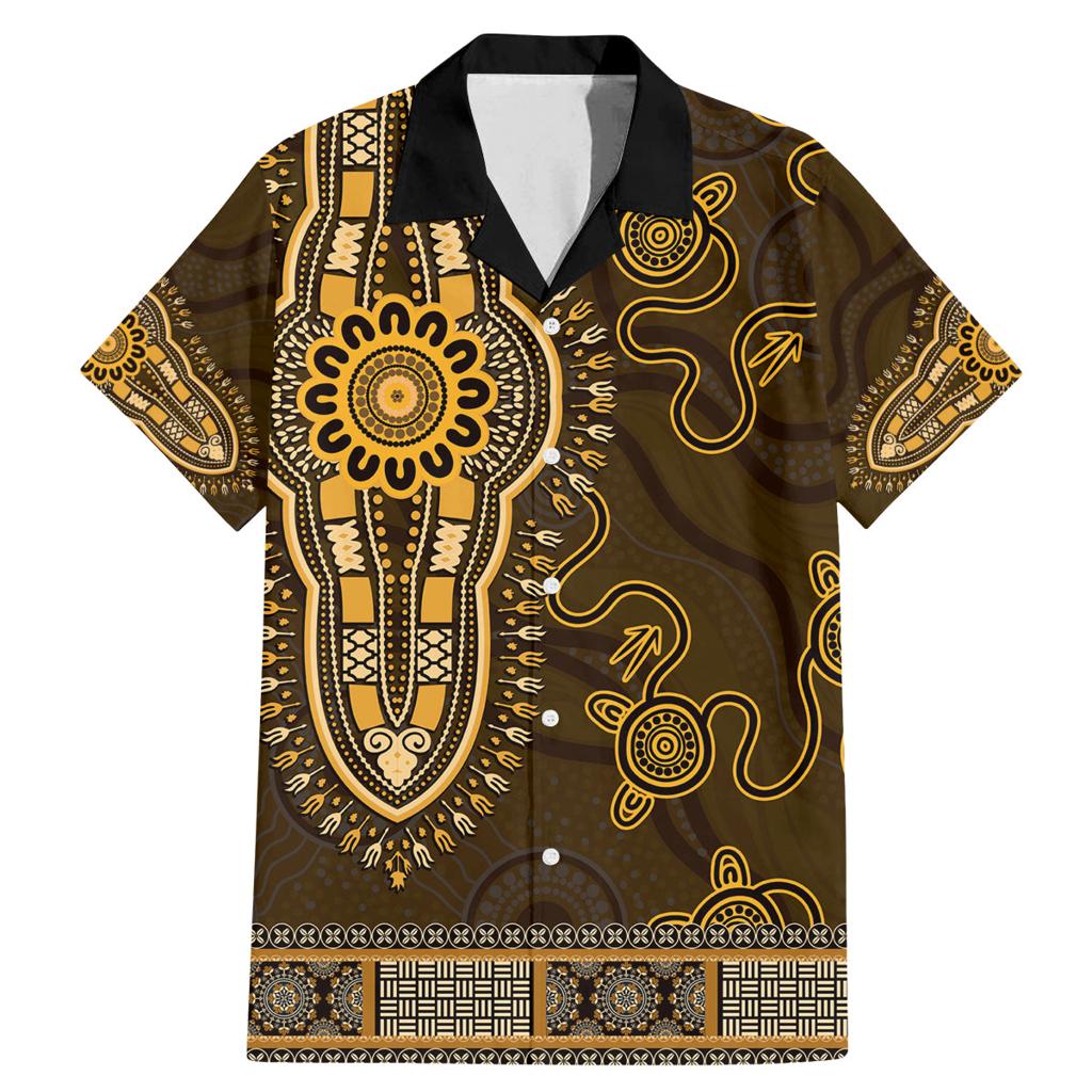 Gold African Dashiki With Australia Aboriginal Art Family Matching Mermaid Dress and Hawaiian Shirt