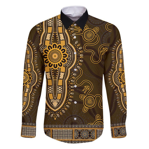 Gold African Dashiki With Australia Aboriginal Art Family Matching Mermaid Dress and Hawaiian Shirt