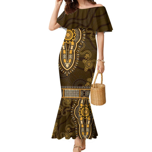 Gold African Dashiki With Australia Aboriginal Art Family Matching Mermaid Dress and Hawaiian Shirt