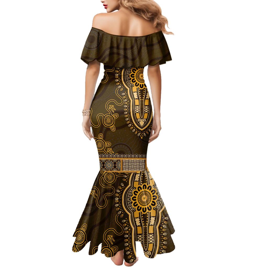 Gold African Dashiki With Australia Aboriginal Art Family Matching Mermaid Dress and Hawaiian Shirt