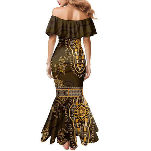 Gold African Dashiki With Australia Aboriginal Art Family Matching Mermaid Dress and Hawaiian Shirt