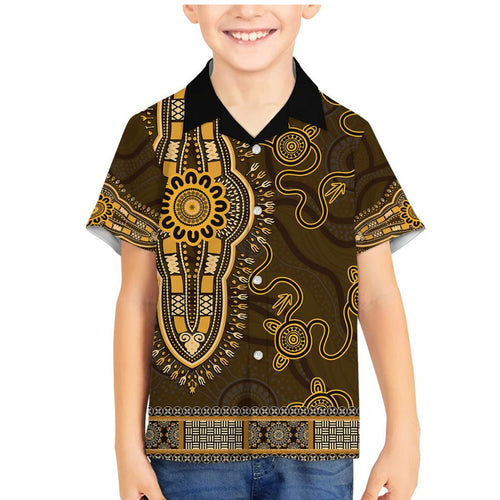 Gold African Dashiki With Australia Aboriginal Art Family Matching Mermaid Dress and Hawaiian Shirt