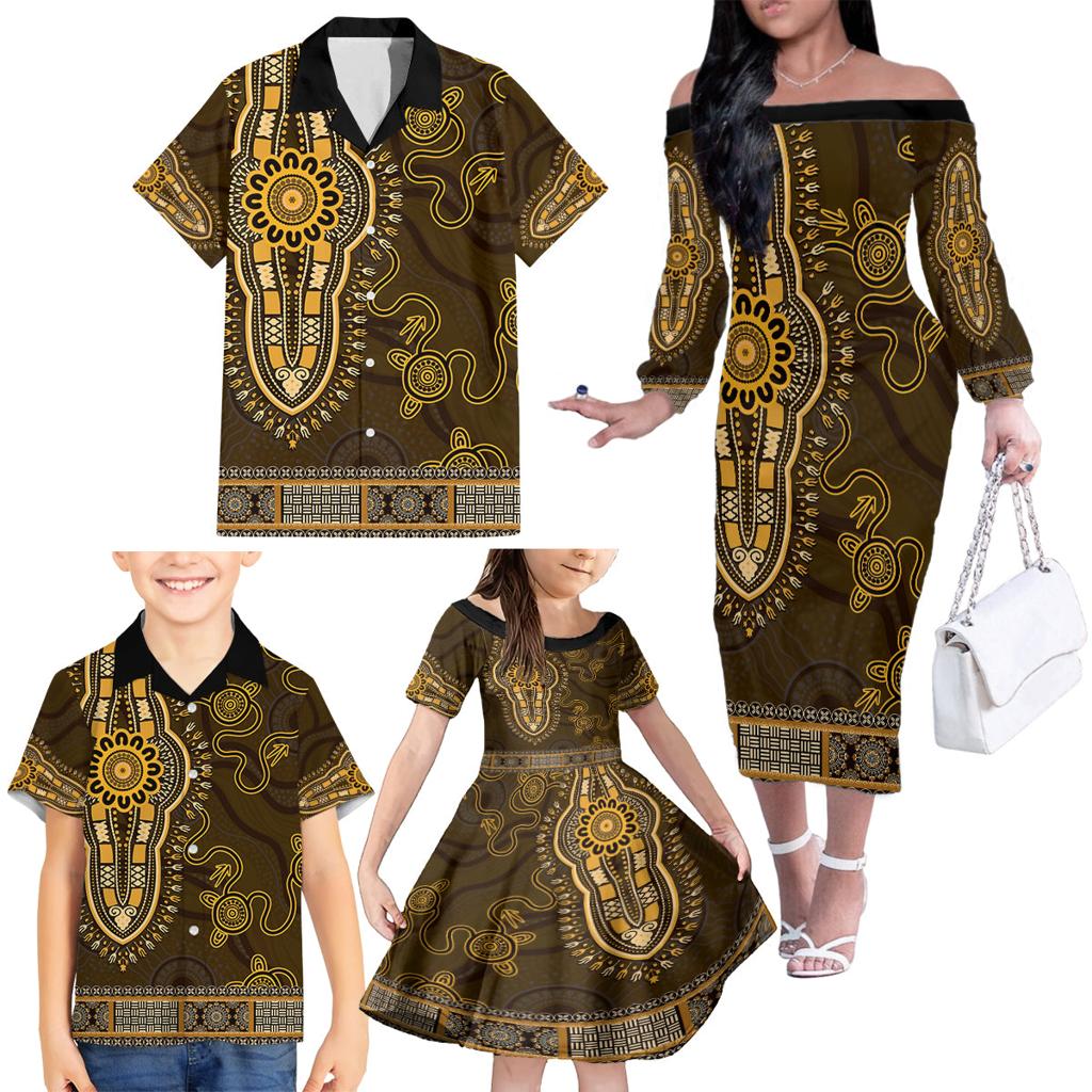 Gold African Dashiki With Australia Aboriginal Art Family Matching Off The Shoulder Long Sleeve Dress and Hawaiian Shirt