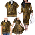Gold African Dashiki With Australia Aboriginal Art Family Matching Off The Shoulder Long Sleeve Dress and Hawaiian Shirt