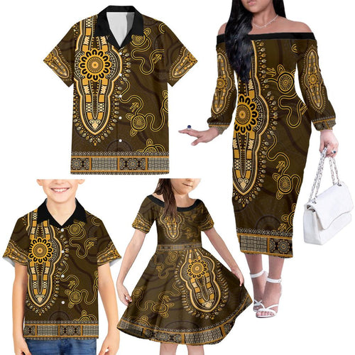 Gold African Dashiki With Australia Aboriginal Art Family Matching Off The Shoulder Long Sleeve Dress and Hawaiian Shirt