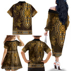Gold African Dashiki With Australia Aboriginal Art Family Matching Off The Shoulder Long Sleeve Dress and Hawaiian Shirt