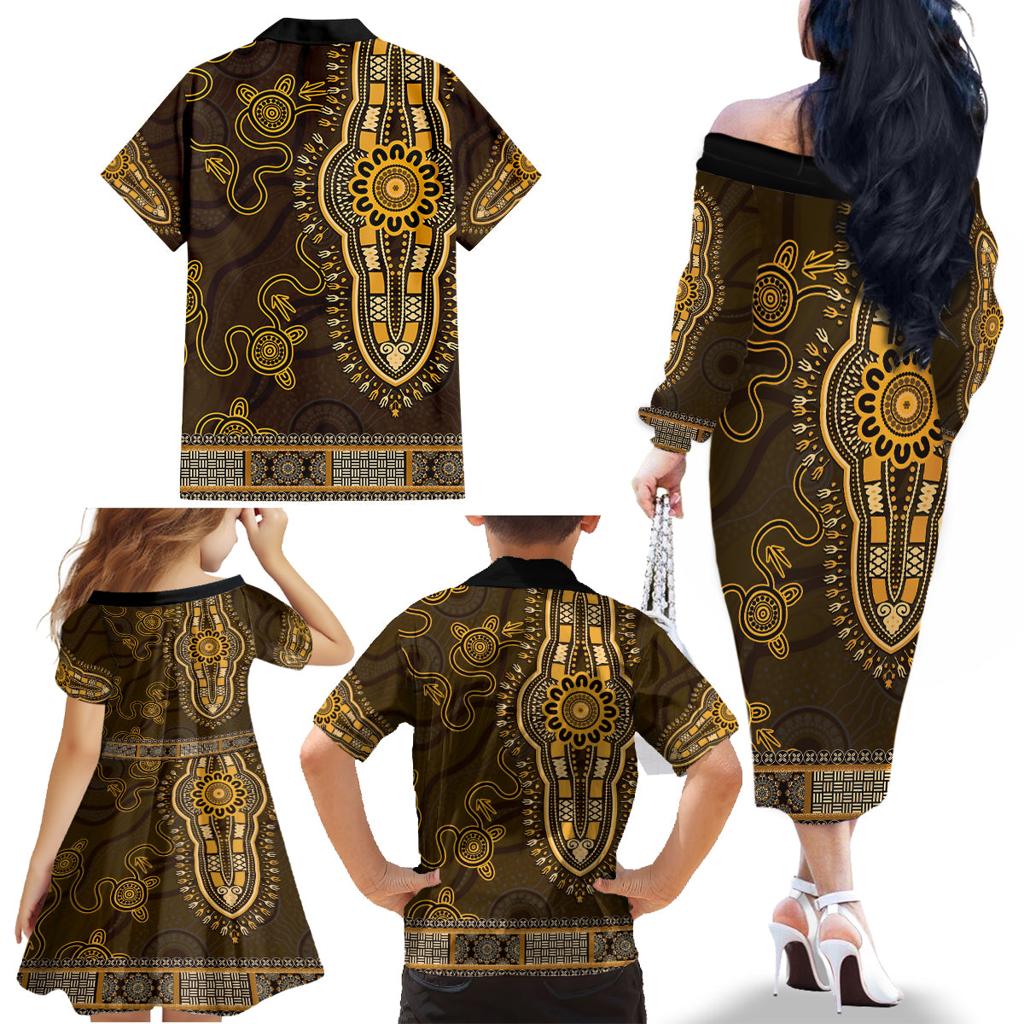 Gold African Dashiki With Australia Aboriginal Art Family Matching Off The Shoulder Long Sleeve Dress and Hawaiian Shirt