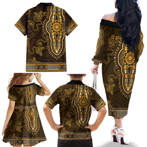 Gold African Dashiki With Australia Aboriginal Art Family Matching Off The Shoulder Long Sleeve Dress and Hawaiian Shirt