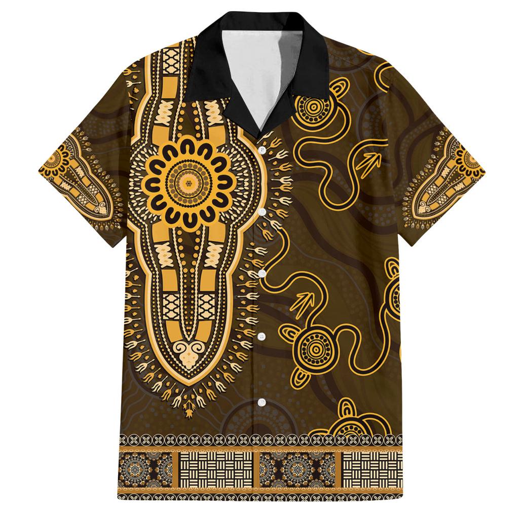 Gold African Dashiki With Australia Aboriginal Art Family Matching Off The Shoulder Long Sleeve Dress and Hawaiian Shirt