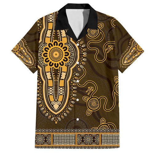 Gold African Dashiki With Australia Aboriginal Art Family Matching Off The Shoulder Long Sleeve Dress and Hawaiian Shirt