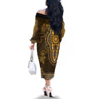 Gold African Dashiki With Australia Aboriginal Art Family Matching Off The Shoulder Long Sleeve Dress and Hawaiian Shirt