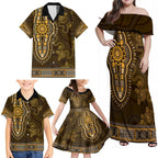 Gold African Dashiki With Australia Aboriginal Art Family Matching Off Shoulder Maxi Dress and Hawaiian Shirt