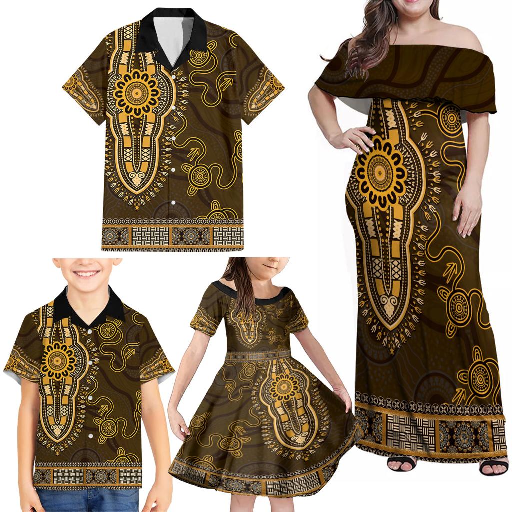 Gold African Dashiki With Australia Aboriginal Art Family Matching Off Shoulder Maxi Dress and Hawaiian Shirt