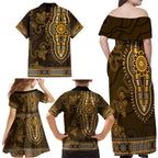 Gold African Dashiki With Australia Aboriginal Art Family Matching Off Shoulder Maxi Dress and Hawaiian Shirt
