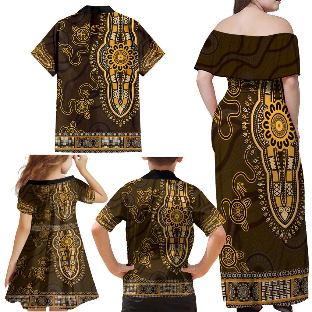 Gold African Dashiki With Australia Aboriginal Art Family Matching Off Shoulder Maxi Dress and Hawaiian Shirt