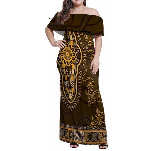 Gold African Dashiki With Australia Aboriginal Art Family Matching Off Shoulder Maxi Dress and Hawaiian Shirt