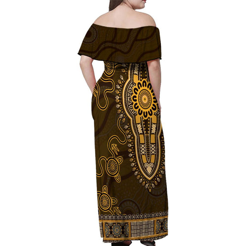 Gold African Dashiki With Australia Aboriginal Art Family Matching Off Shoulder Maxi Dress and Hawaiian Shirt