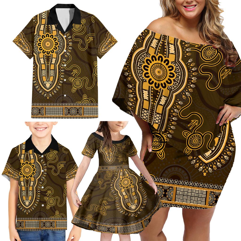 Gold African Dashiki With Australia Aboriginal Art Family Matching Off Shoulder Short Dress and Hawaiian Shirt
