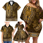 Gold African Dashiki With Australia Aboriginal Art Family Matching Off Shoulder Short Dress and Hawaiian Shirt