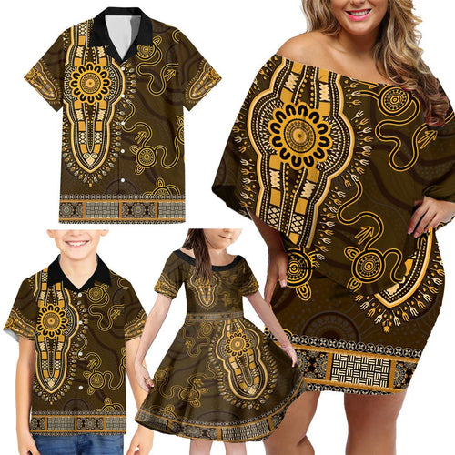 Gold African Dashiki With Australia Aboriginal Art Family Matching Off Shoulder Short Dress and Hawaiian Shirt