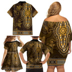 Gold African Dashiki With Australia Aboriginal Art Family Matching Off Shoulder Short Dress and Hawaiian Shirt
