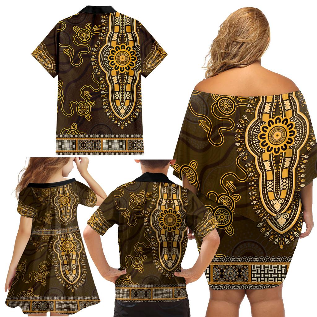 Gold African Dashiki With Australia Aboriginal Art Family Matching Off Shoulder Short Dress and Hawaiian Shirt