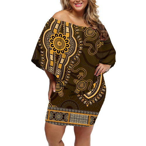 Gold African Dashiki With Australia Aboriginal Art Family Matching Off Shoulder Short Dress and Hawaiian Shirt