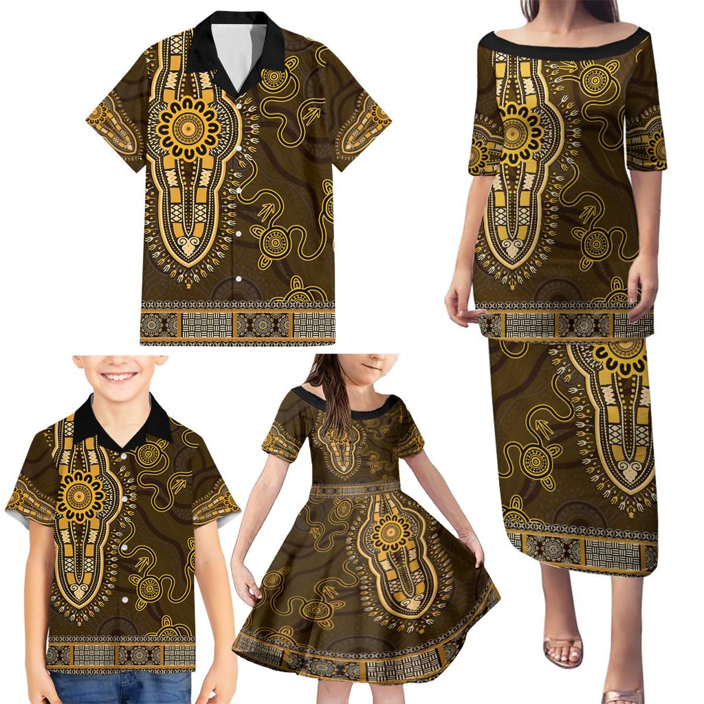 Gold African Dashiki With Australia Aboriginal Art Family Matching Puletasi and Hawaiian Shirt