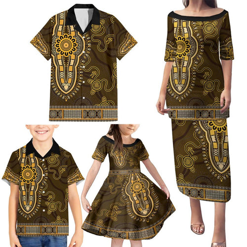 Gold African Dashiki With Australia Aboriginal Art Family Matching Puletasi and Hawaiian Shirt