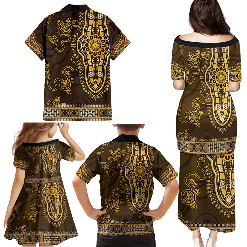 Gold African Dashiki With Australia Aboriginal Art Family Matching Puletasi and Hawaiian Shirt