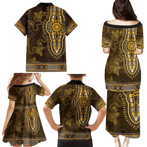 Gold African Dashiki With Australia Aboriginal Art Family Matching Puletasi and Hawaiian Shirt