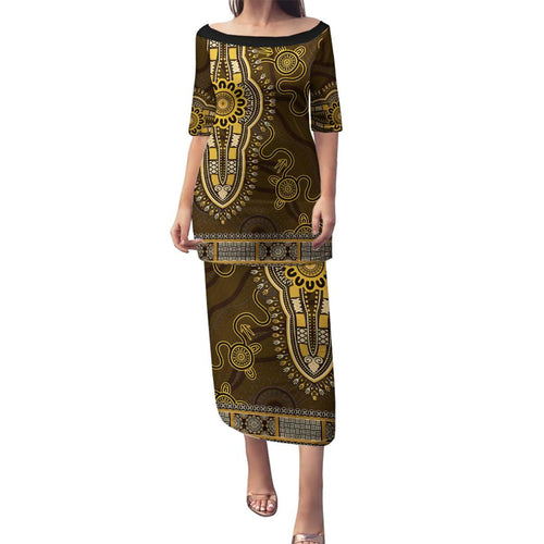 Gold African Dashiki With Australia Aboriginal Art Family Matching Puletasi and Hawaiian Shirt