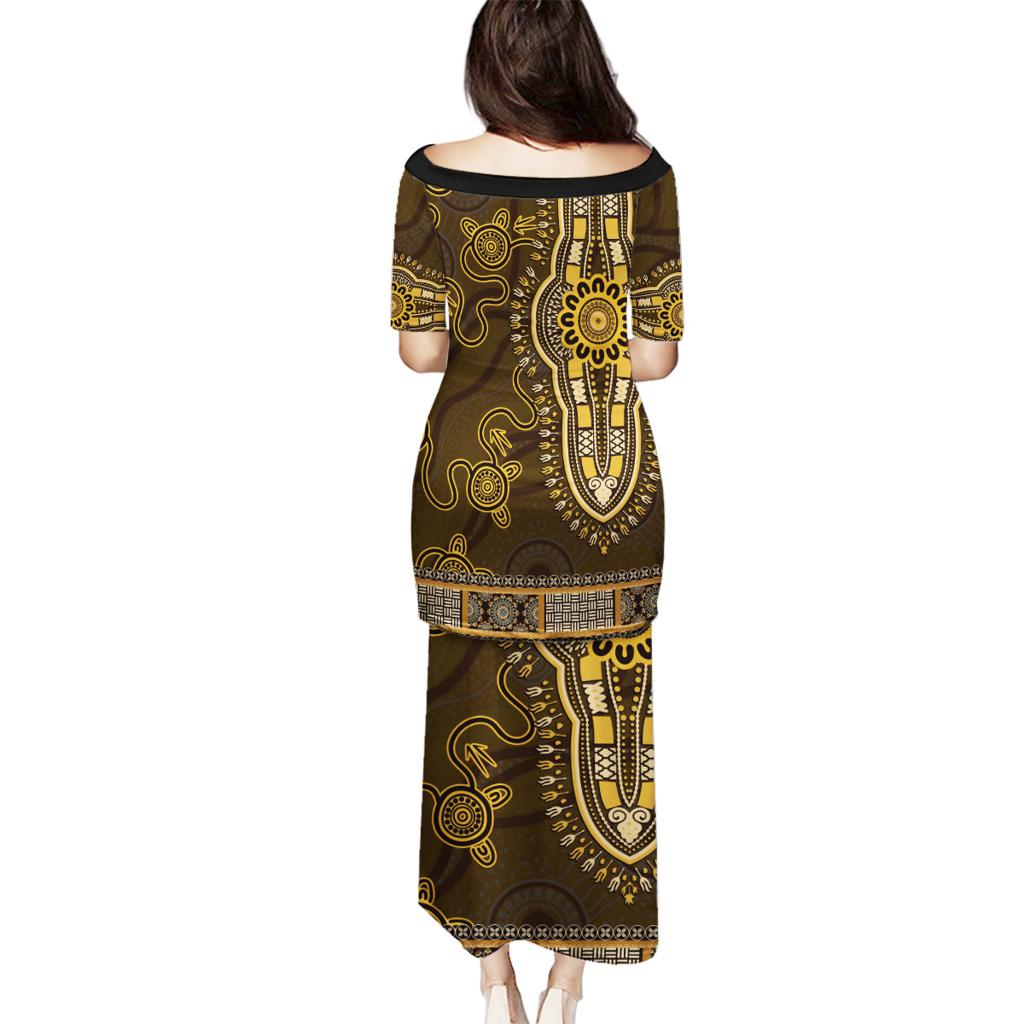 Gold African Dashiki With Australia Aboriginal Art Family Matching Puletasi and Hawaiian Shirt