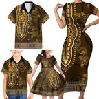 Gold African Dashiki With Australia Aboriginal Art Family Matching Short Sleeve Bodycon Dress and Hawaiian Shirt