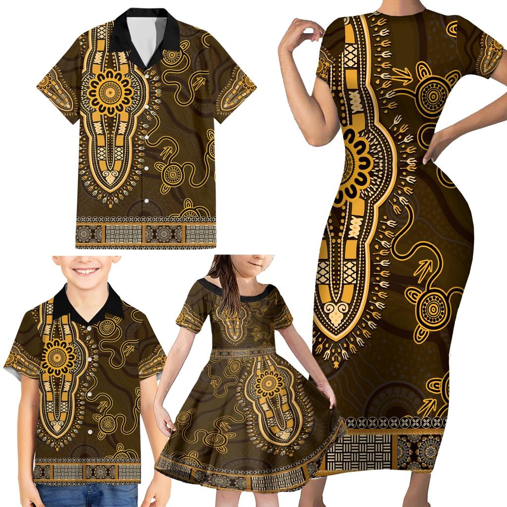 Gold African Dashiki With Australia Aboriginal Art Family Matching Short Sleeve Bodycon Dress and Hawaiian Shirt