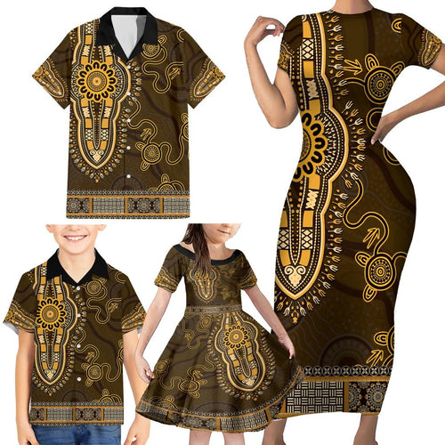 Gold African Dashiki With Australia Aboriginal Art Family Matching Short Sleeve Bodycon Dress and Hawaiian Shirt