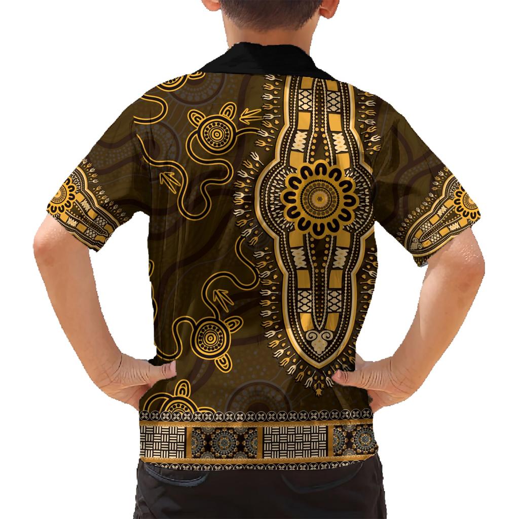 Gold African Dashiki With Australia Aboriginal Art Family Matching Short Sleeve Bodycon Dress and Hawaiian Shirt