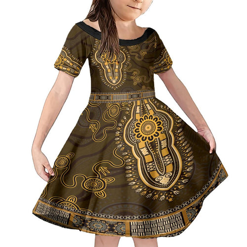 Gold African Dashiki With Australia Aboriginal Art Family Matching Short Sleeve Bodycon Dress and Hawaiian Shirt