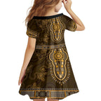 Gold African Dashiki With Australia Aboriginal Art Family Matching Short Sleeve Bodycon Dress and Hawaiian Shirt