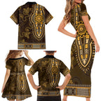 Gold African Dashiki With Australia Aboriginal Art Family Matching Short Sleeve Bodycon Dress and Hawaiian Shirt