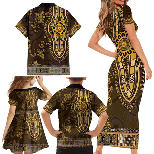 Gold African Dashiki With Australia Aboriginal Art Family Matching Short Sleeve Bodycon Dress and Hawaiian Shirt