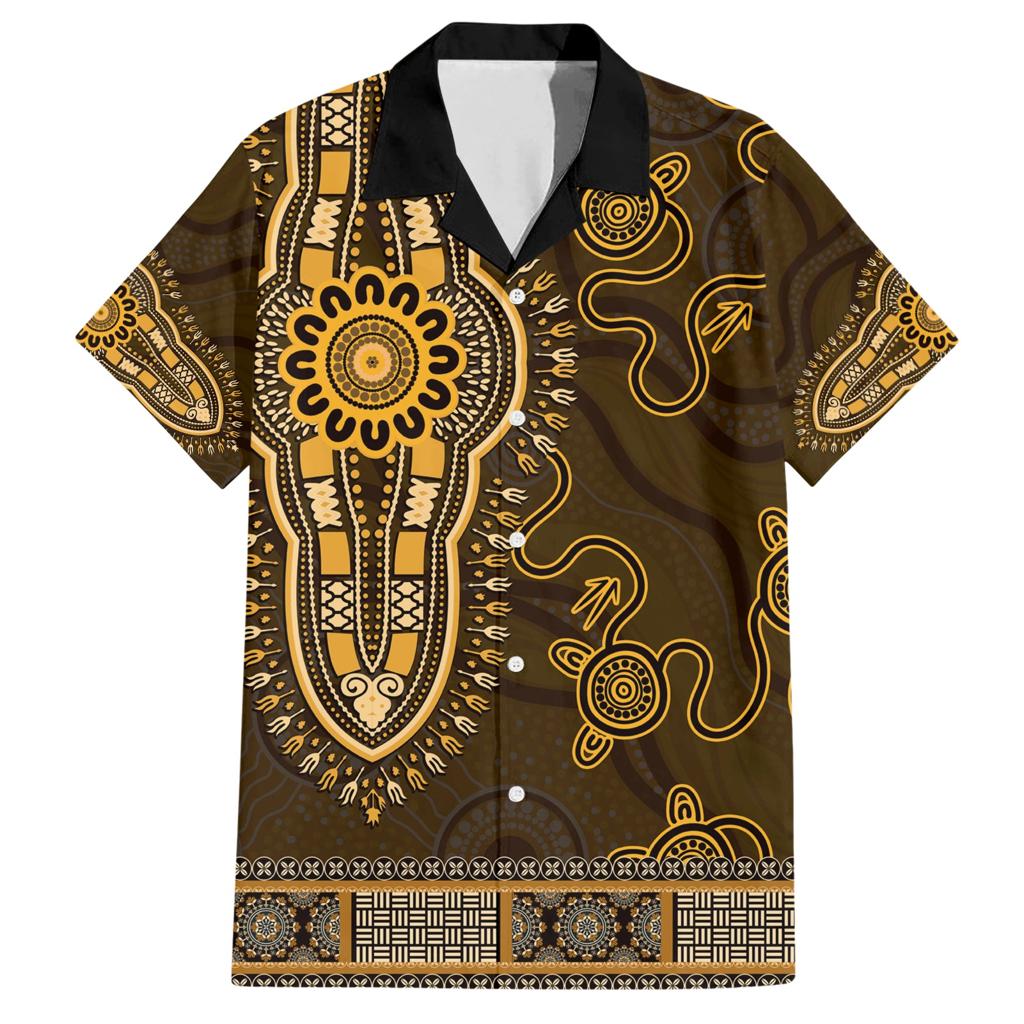Gold African Dashiki With Australia Aboriginal Art Family Matching Short Sleeve Bodycon Dress and Hawaiian Shirt