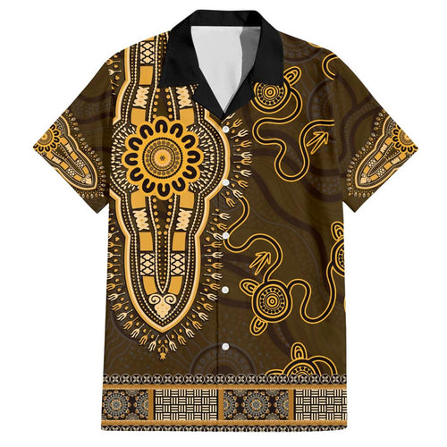 Gold African Dashiki With Australia Aboriginal Art Family Matching Short Sleeve Bodycon Dress and Hawaiian Shirt