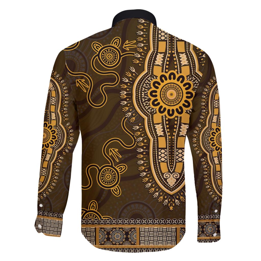 Gold African Dashiki With Australia Aboriginal Art Family Matching Short Sleeve Bodycon Dress and Hawaiian Shirt