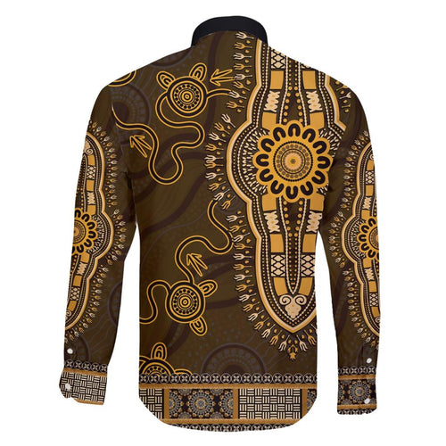 Gold African Dashiki With Australia Aboriginal Art Family Matching Short Sleeve Bodycon Dress and Hawaiian Shirt
